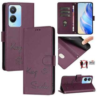 For vivo Y56 5G Global Smile Embossing RFID Leather Phone Case(Violet)