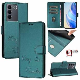 For vivo V27 5G Global Smile Embossing RFID Leather Phone Case(Peacock Green)