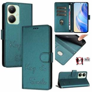 For vivo Y27 4G 2023 Global Smile Embossing RFID Leather Phone Case(Peacock Green)