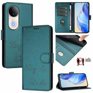 For vivo S20 5G Smile Embossing RFID Leather Phone Case(Peacock Green)