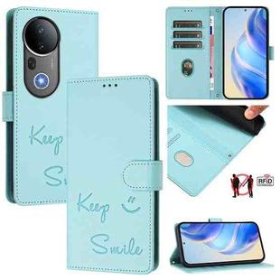 For vivo S20 Pro 5G Smile Embossing RFID Leather Phone Case(Mint Green)