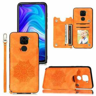 For Xiaomi Redmi Note 9 Mandala Embossed PU + TPU Case with Holder & Card Slots & Photo Frame & Strap(Yellow)