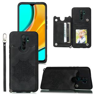 For Xiaomi Redmi 9 Mandala Embossed PU + TPU Case with Holder & Card Slots & Photo Frame & Strap(Black)