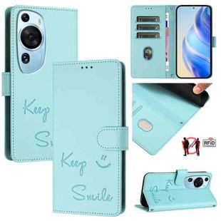 For Huawei P60 Art Smile Embossing RFID Leather Phone Case(Mint Green)