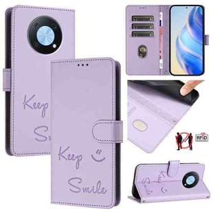 For Huawei nova Y90 Smile Embossing RFID Leather Phone Case(Light Purple)