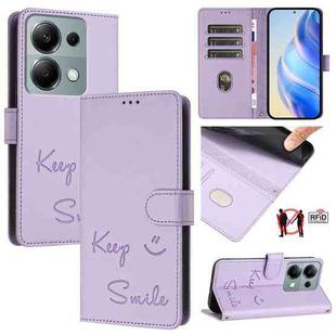 For Xiaomi Poco M6 Pro 4G Smile Embossing RFID Leather Phone Case(Light Purple)