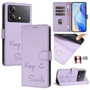 For Xiaomi Poco X6 Neo Smile Embossing RFID Leather Phone Case(Light Purple)