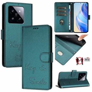 For Xiaomi 14 Pro Smile Embossing RFID Leather Phone Case(Peacock Green)