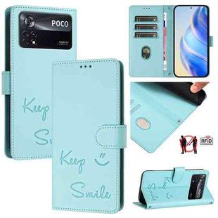 For Xiaomi Poco X4 Pro 5G Smile Embossing RFID Leather Phone Case(Mint Green)