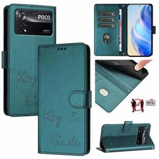 For Xiaomi Poco X4 Pro 5G Smile Embossing RFID Leather Phone Case(Peacock Green)