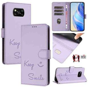 For Xiaomi Poco X3 / X3 NFC / X3 Pro Smile Embossing RFID Leather Phone Case(Light Purple)