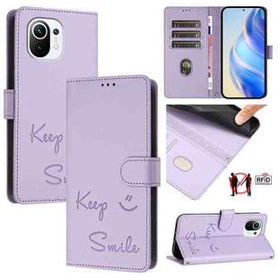 For Xiaomi Mi 11 Smile Embossing RFID Leather Phone Case(Light Purple)