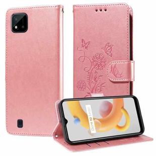 For Realme C20 / C20A / C21 / C11 2021 Embossed Butterfly Flowers Leather Phone Case(Rose Gold)