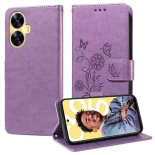 For Realme C55 Embossed Butterfly Flowers Leather Phone Case(Purple)