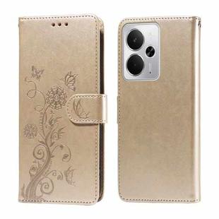 For Realme 14 Global Embossed Butterfly Flowers Leather Phone Case(Gold)
