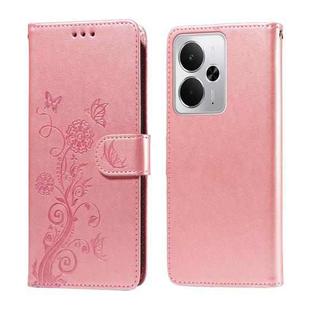For Realme 14 Global Embossed Butterfly Flowers Leather Phone Case(Rose Gold)