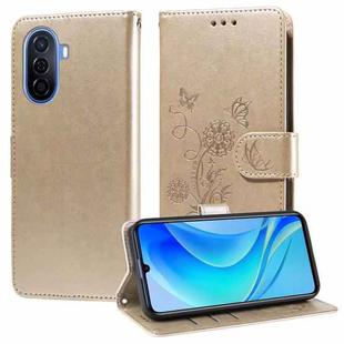 For Huawei nova Y70 Plus Embossed Butterfly Flowers Leather Phone Case(Gold)