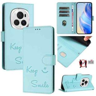 For Honor Magic6 Pro 5G Global Smile Embossing RFID Leather Phone Case(Mint Green)