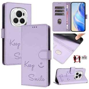 For Honor Magic6 Pro 5G Global Smile Embossing RFID Leather Phone Case(Light Purple)