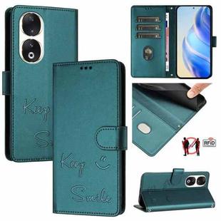 For Honor 90 5G Smile Embossing RFID Leather Phone Case(Peacock Green)