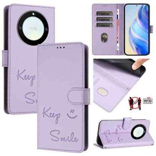 For Honor X40 5G/X9a 5G/Magic5 Lite Smile Embossing RFID Leather Phone Case(Light Purple)