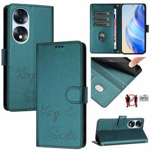 For Honor 70 5G Smile Embossing RFID Leather Phone Case(Peacock Green)