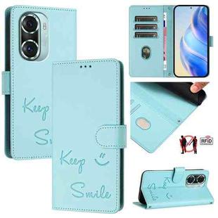 For Honor 60 Pro 5G Smile Embossing RFID Leather Phone Case(Mint Green)