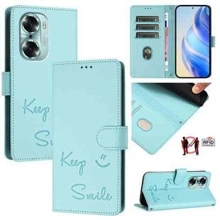 For Honor 60 5G Smile Embossing RFID Leather Phone Case(Mint Green)