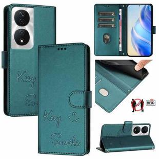 For Honor 90 Smart 5G Global Smile Embossing RFID Leather Phone Case(Peacock Green)