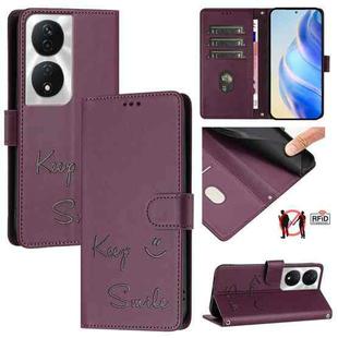 For Honor 90 Smart 5G Global Smile Embossing RFID Leather Phone Case(Violet)