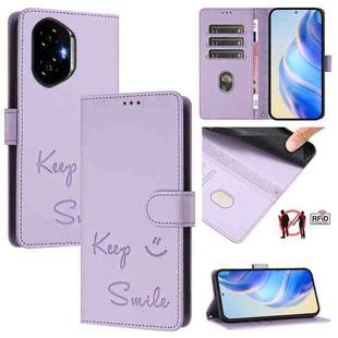 For Honor 300 5G Smile Embossing RFID Leather Phone Case(Light Purple)