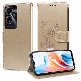 For OPPO A59 5G Embossed Butterfly Flowers Leather Phone Case(Gold)