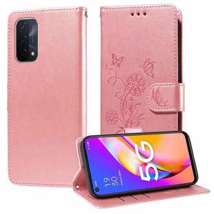 For OPPO A74 5G / A54 5G Embossed Butterfly Flowers Leather Phone Case(Rose Gold)