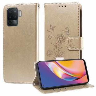 For OPPO A94 4G / 5G / A95 5G / F19 Pro Embossed Butterfly Flowers Leather Phone Case(Gold)