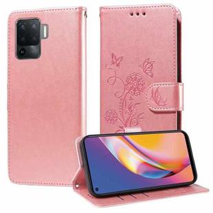 For OPPO A94 4G / 5G / A95 5G / F19 Pro Embossed Butterfly Flowers Leather Phone Case(Rose Gold)