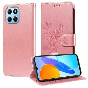 For Honor X8 5G / X6 4G / X8a 5G Embossed Butterfly Flowers Leather Phone Case(Rose Gold)