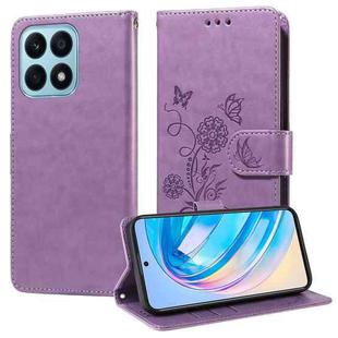 For Honor X8a 4G Embossed Butterfly Flowers Leather Phone Case(Purple)