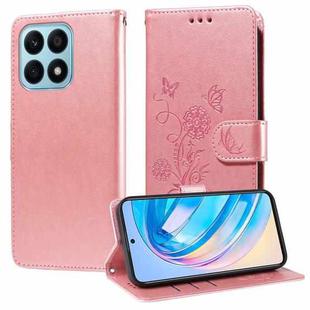 For Honor X8a 4G Embossed Butterfly Flowers Leather Phone Case(Rose Gold)