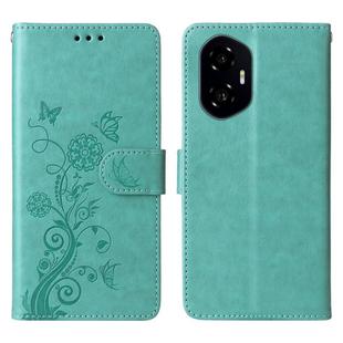 For Honor 300 Embossed Butterfly Flowers Leather Phone Case(Green)