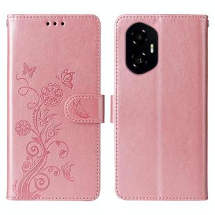 For Honor 300 Embossed Butterfly Flowers Leather Phone Case(Rose Gold)