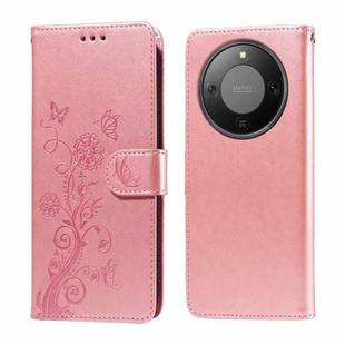 For Honor X70 5G Embossed Butterfly Flowers Leather Phone Case(Rose Gold)