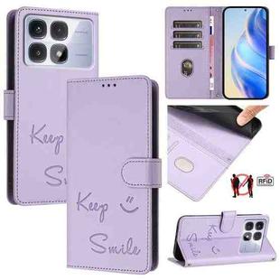 For Redmi K70 Ultra 5G Global Smile Embossing RFID Leather Phone Case(Light Purple)