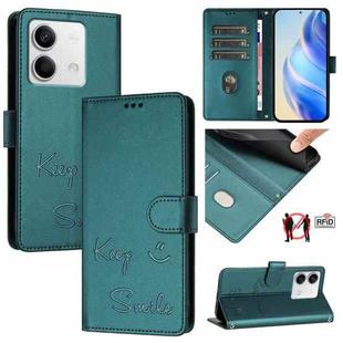 For Redmi Note 13 5G Global Smile Embossing RFID Leather Phone Case(Peacock Green)