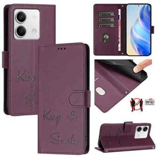 For Redmi Note 13 5G Global Smile Embossing RFID Leather Phone Case(Violet)