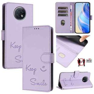 For Redmi Note 9T Global Smile Embossing RFID Leather Phone Case(Light Purple)