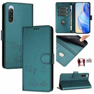 For Sony Xperia 10 V 4G Smile Embossing RFID Leather Phone Case(Peacock Green)