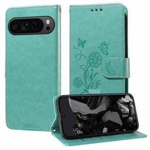 For Google Pixel 9 Pro XL Embossed Butterfly Flowers Leather Phone Case(Green)