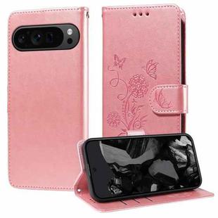 For Google Pixel 9 Pro XL Embossed Butterfly Flowers Leather Phone Case(Rose Gold)