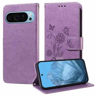 For Google Pixel 9 / 9 Pro Embossed Butterfly Flowers Leather Phone Case(Purple)