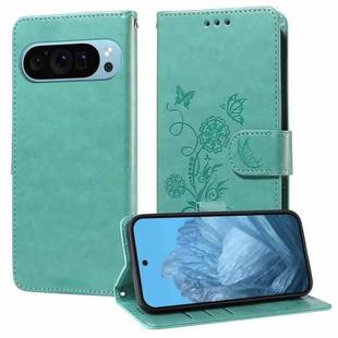 For Google Pixel 9 / 9 Pro Embossed Butterfly Flowers Leather Phone Case(Green)